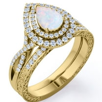 JeenMata 1.75 Carat Pear-Shaped Sunset Opal and Moissanite - Double Halo Pave Set - Crossover Filigree Wedding Ring Set - 18K Yellow Gold Plating over Silver