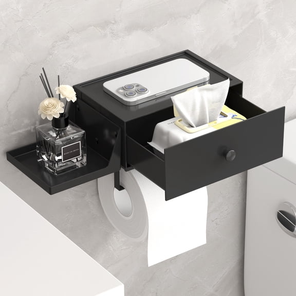 Lifewit Toilet Paper Holder with Shelf, SUS304 Stainless Steel Flushable Wipes Dispenser, Screw or Adhesive Wall Mount Bathroom Tissue Roll Storage, Drawer Dustproof Restroom Organizer, 1 Pack-Black