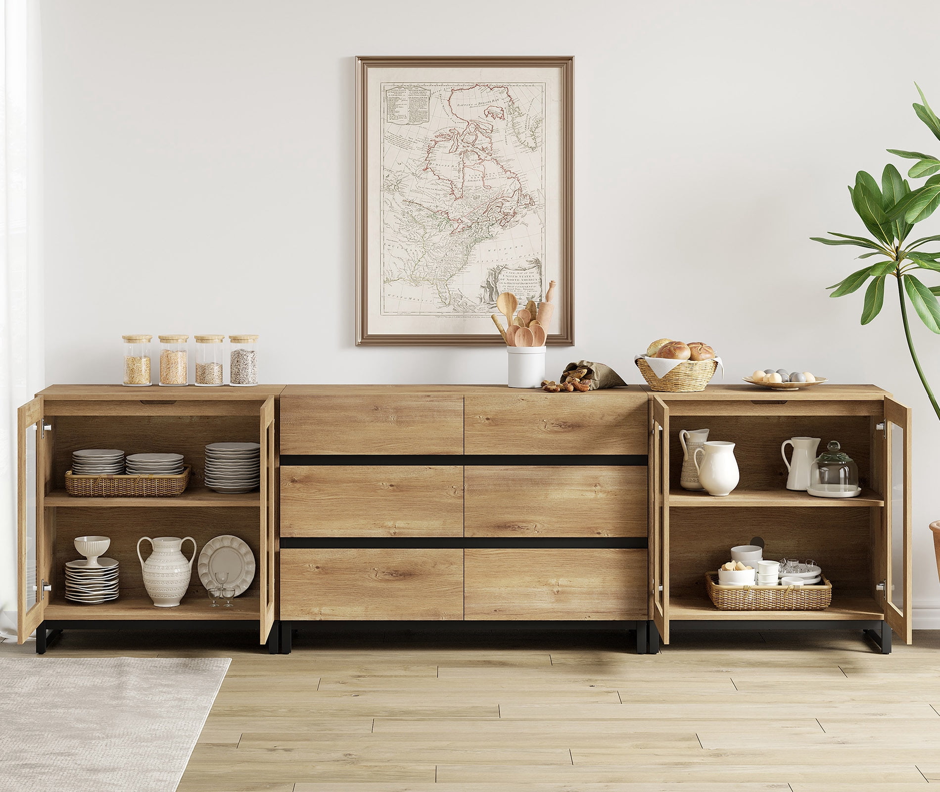 3 In 1 Multifunctional Sideboard Buffet Cabinets With Glass Doors And 6 Drawers, Modern Sideboard Credenza With Adjustable Shelf And Metal Base,Oak