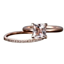 1.25 Carat Princess Cut Real Morganite And Diamond Moissanite Engagement Bridal Wedding Ring Set 925 Sterling Silver With 18K Rose Gold Plating, Promise Ring, Anniversary Ring