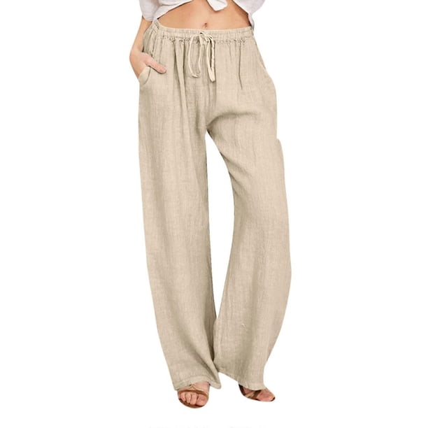 Women's cotton linen drawstring high-waisted casual loose wide-leg pants royal blue XXXL