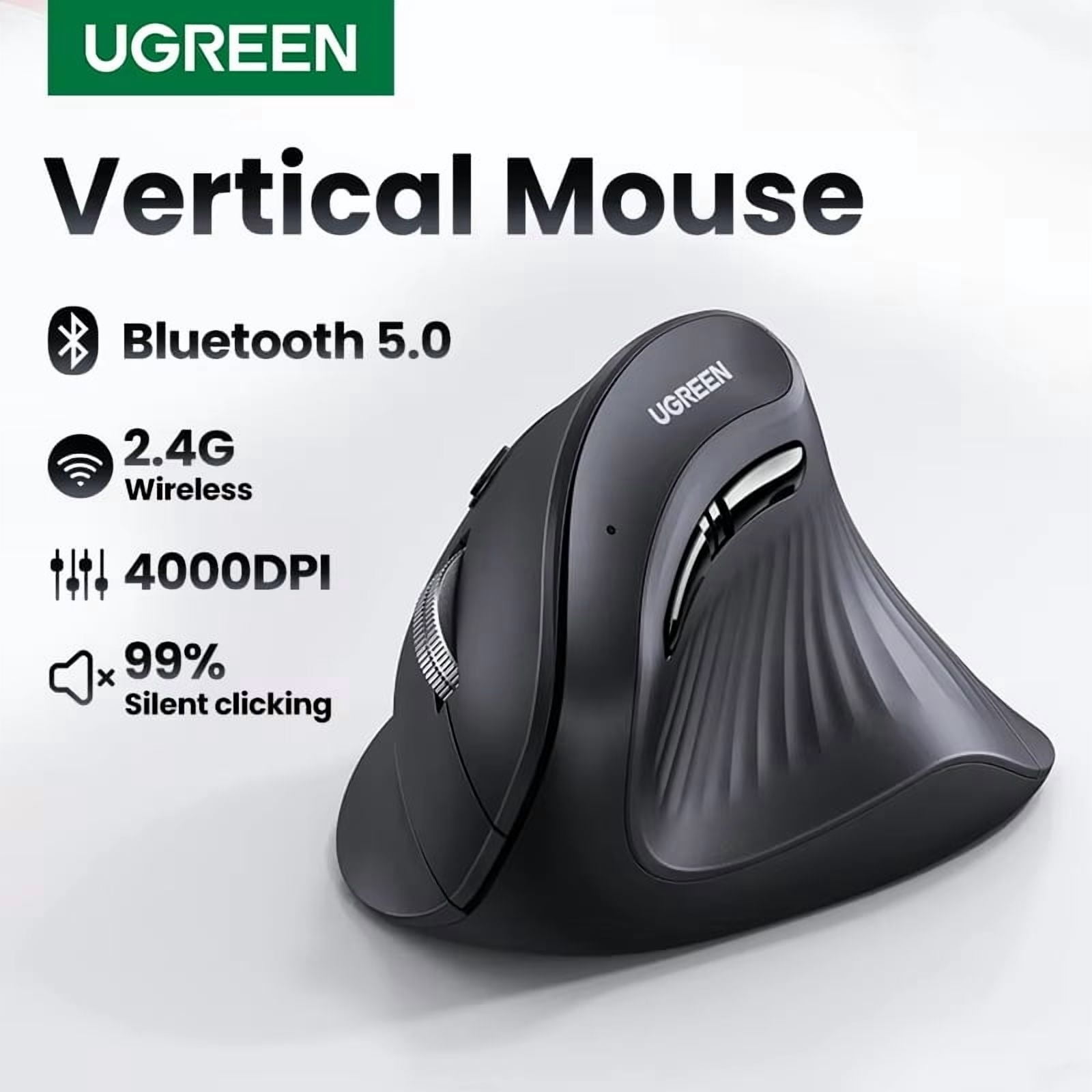 UGREEN Ergonomic Vertical Wireless Mouse, Bluetooth 5.0 & 2.4GHz, 4000 DPI, 6 Mute Buttons, Compatible with PC, MacBook, Laptop, Tablet