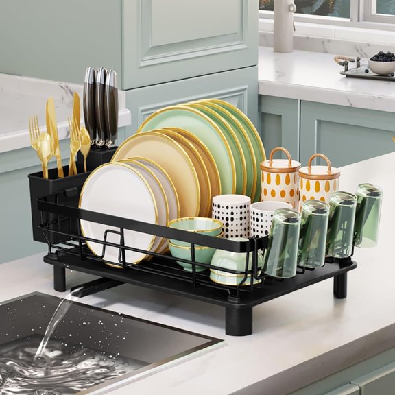 Dish Drying Rack, Rust-Proof Dish Drainer with Drainboard Utensil Cup Holder, Black Iron Dish Rack and Drainboard Set for Kitchen Counter, Over The Sink