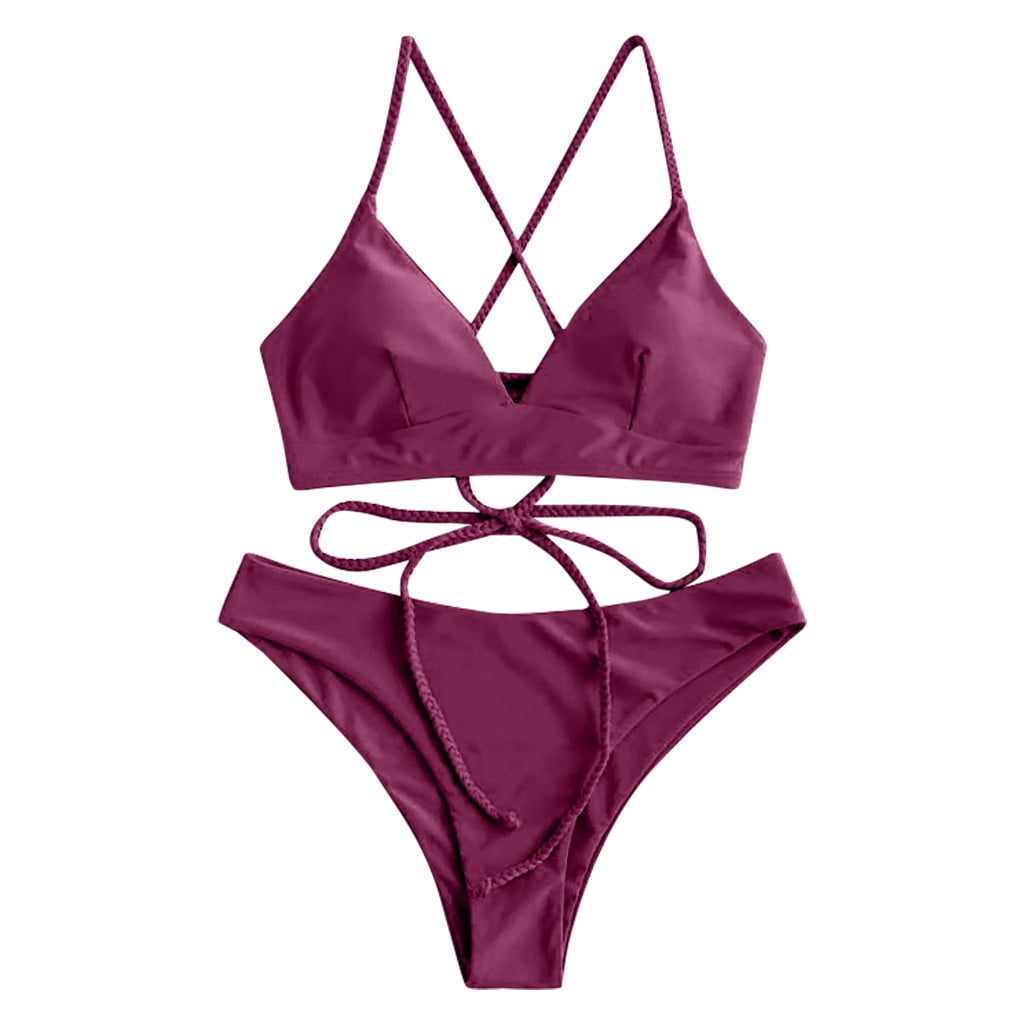 VKEKIEO TwoPiece Sets Swimsuit Sport Bra Style Soft Cup Wine M