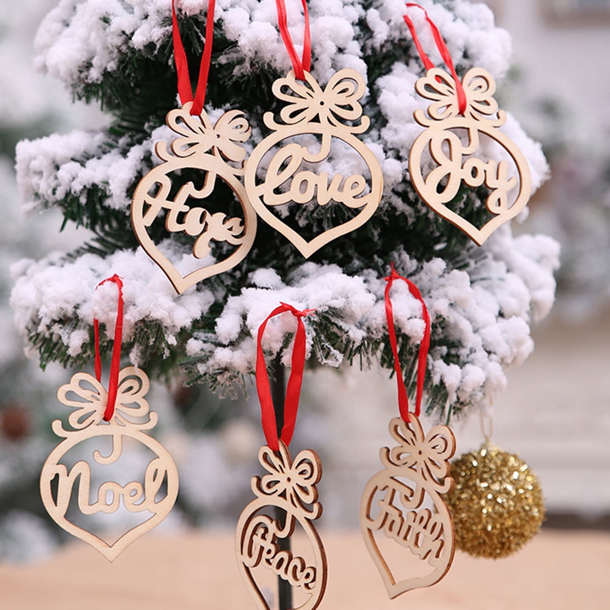 6 Assorted Wooden Heart Laser Cut Christmas Tree Hanging Decor