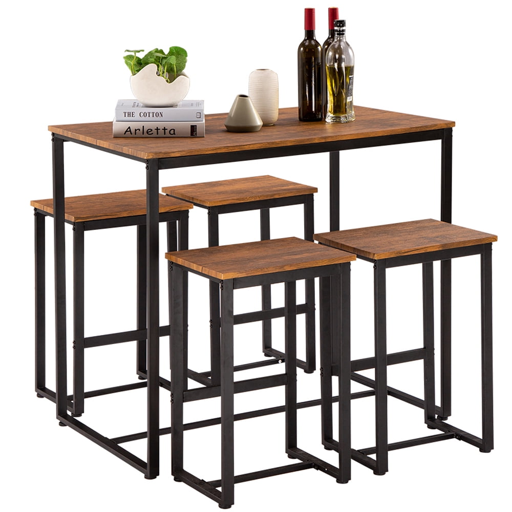 Pub Table Set 5 Piece, Small Kitchen Table Set with 4 Stools, Breakfast