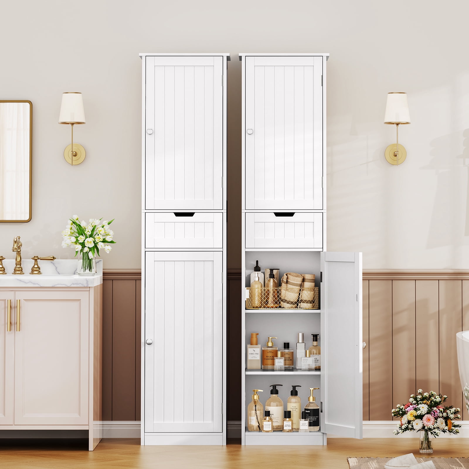 FANGSUM Tall Bathroom Cabinet, Storage Cabinet with 2 Doors & 1 Drawer, Narrow Floor Storage Cabinet with Adjustable Shelves for Bathroom, Living Room, Bedroom, White