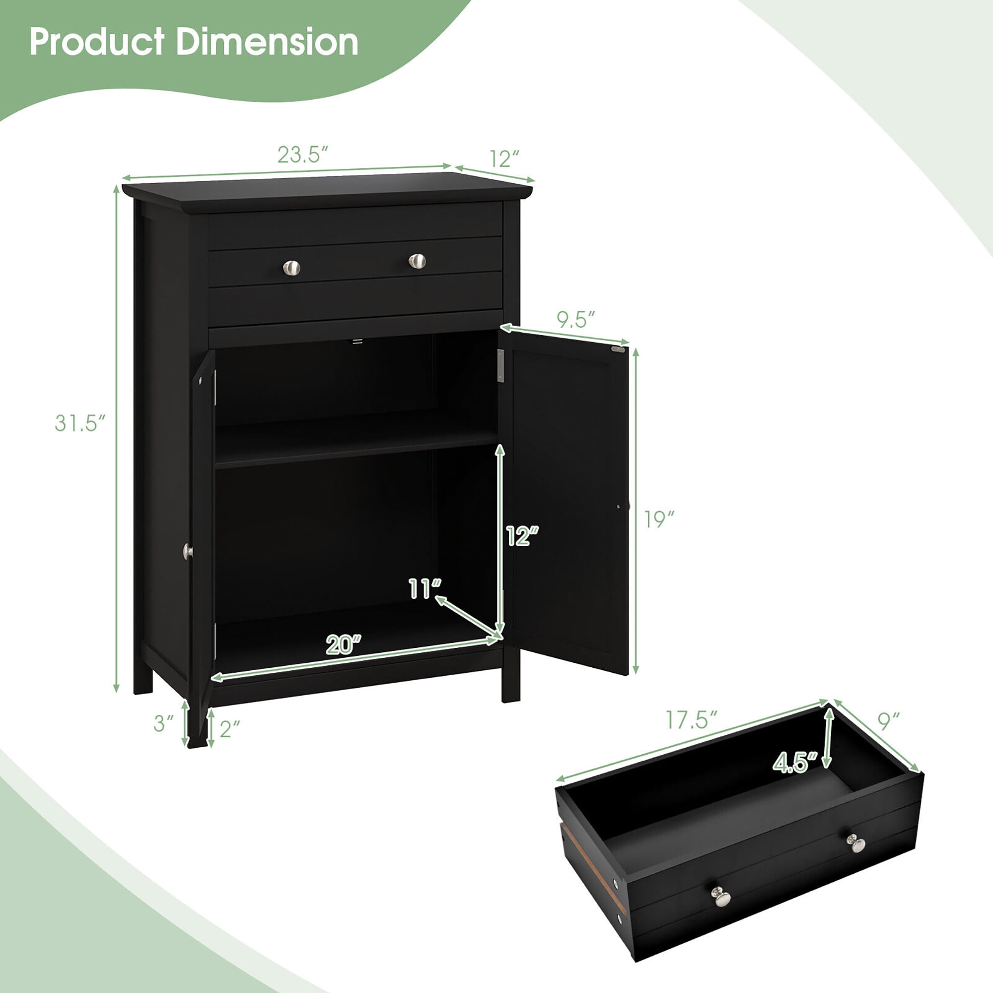 Gymax Bathroom Floor Cabinet Wooden Storage Organizer with Drawer & Doors Blcak