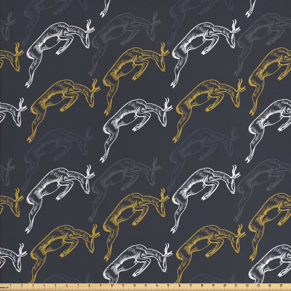 Antelope Fabric by The Yard, Outline Drawings Pattern of Jumping Animal