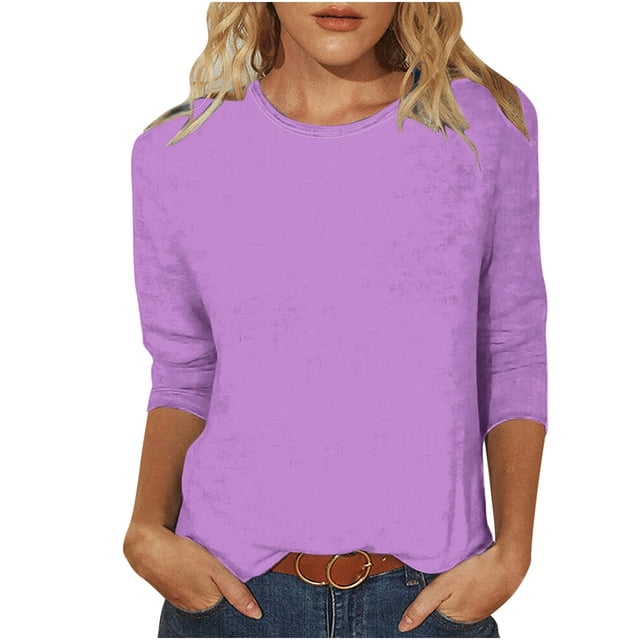 Timegard Hauts pour Femmes Manches 3/4 Col Rond Couleur Unie T-Shirts Basiques Confortables Décontractés Amples Blouse