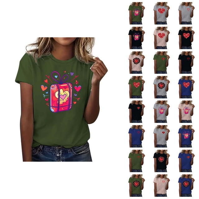 T-shirts de la Saint-Valentin pour Femmes 2026 à Manches Courtes Col Rond avec Cœur Graphique