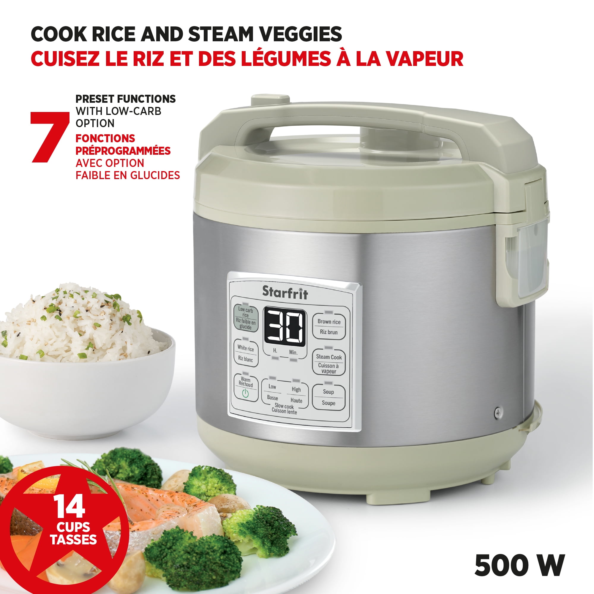 Starfrit Cuiseur À Riz Faible En Glucides 14 Tasses, Réduit Les Glucides, 7 Fonctions, Panier Vapeur, Marmite Antiadhésive, Facile À Nettoyer, Cuisine Saine Riz Brun Blanc Soupe