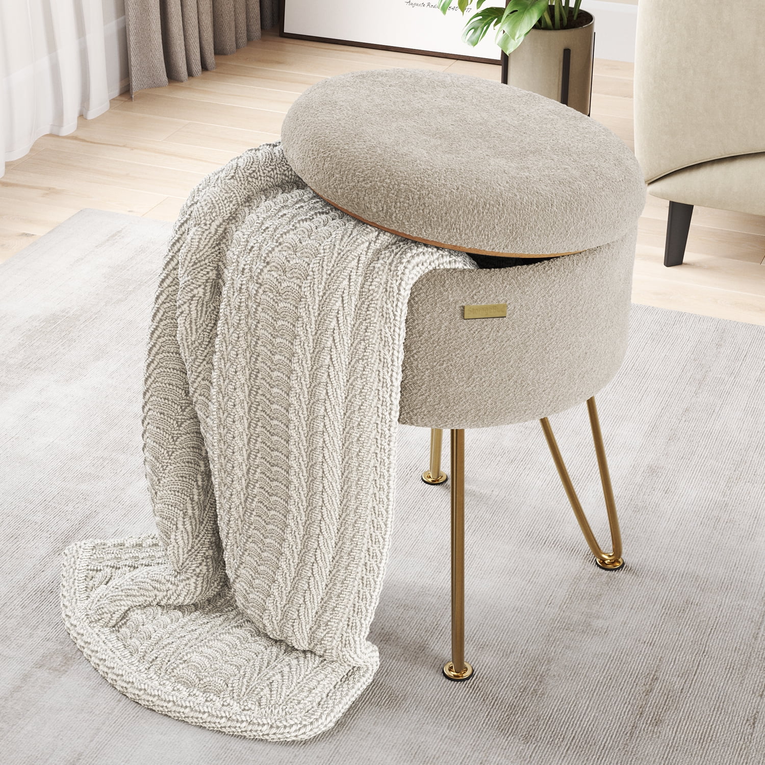 LammaLoe Small Round Ottoman with Storage, Boucle Ottoman Foot Stool with Lid, Upholstered Vanity Stool for Living Room & Bedroom, Beige