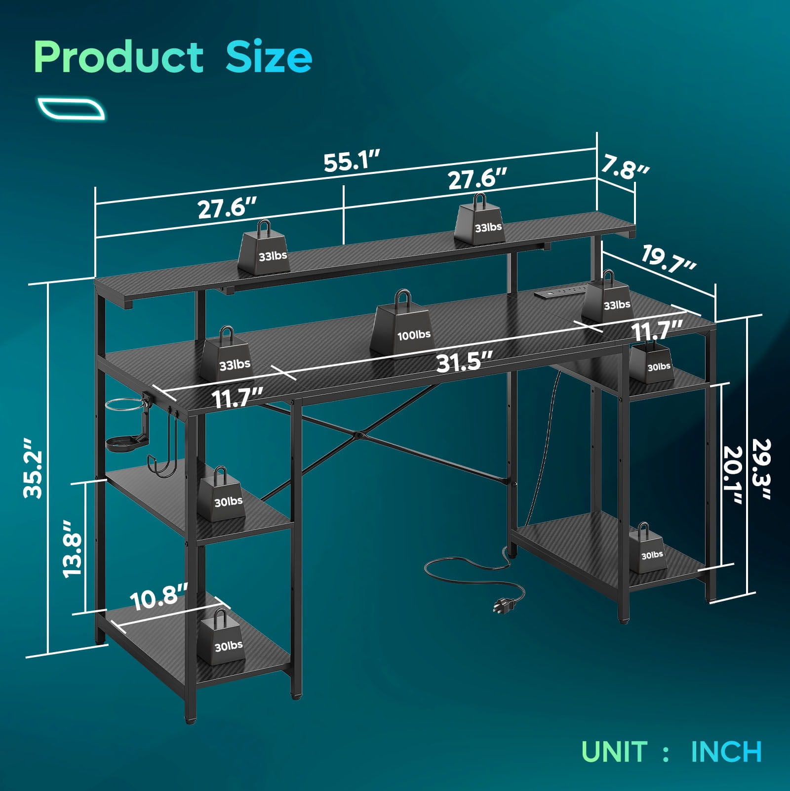 Bestier Gaming Desk with LED Light & Outlets 55" Computer Desk with Monitor Stand, Black Carbon Fiber