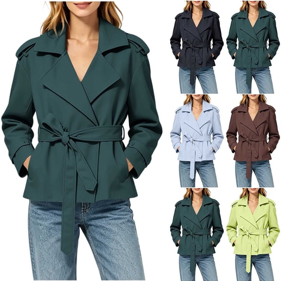 Chiccall Women's Short Trench Overcoat Lapel Notch Collar Belt Waist Oversized Long Sleeve Casual Jacket with Side Pockets