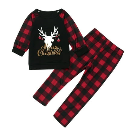 

ZHUASHUM Christmas Kids Plaid Deer Print Long Sleeve Family Matching Set