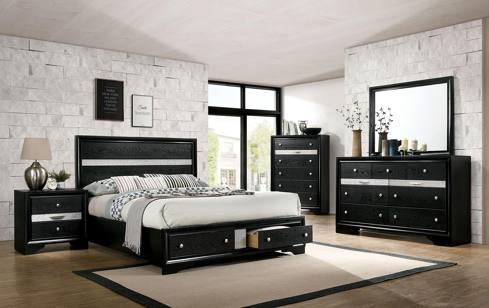 Contemporary Black Solid Wood Queen Bedroom Set 5pcs FOA CM7552BK