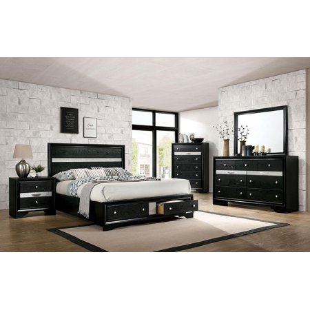 Contemporary Black Solid Wood Queen Bedroom Set 6pcs FOA CM7552BK Chrissy