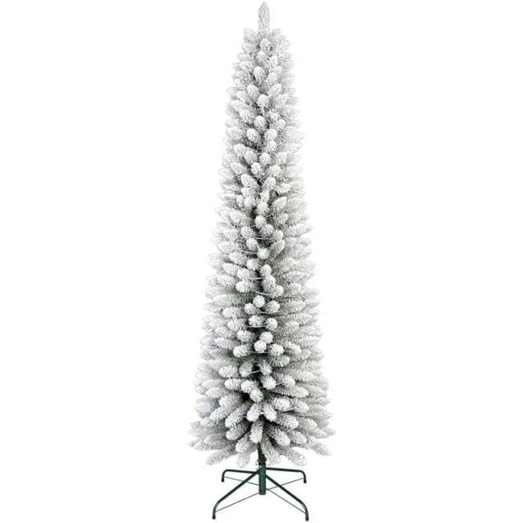 IDEALHOUSE, 7.5FT, White Snow Flocked Pencil Christmas Tree. Slim Artificial Tree with Heavy-Duty Metal Stand. Hinged PVC Branches. Winter Holiday Decor for Apartment, Home, Office.