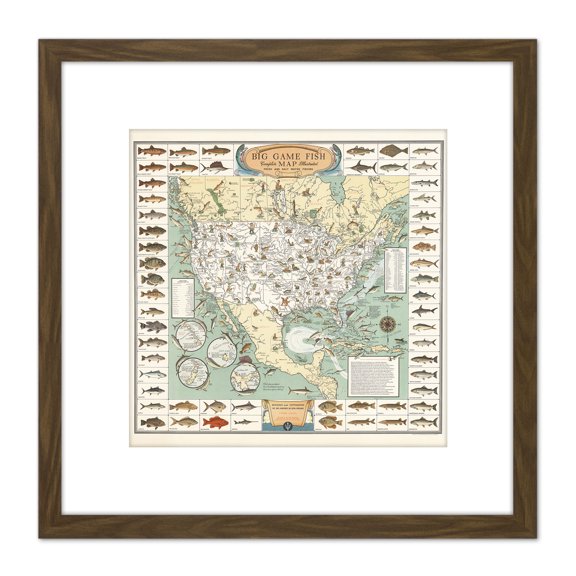Ertz 1936 Pictorial Map USA Game Fish Angling 8X8 Inch Square Wooden Framed Wall Art Print Picture with Mount
