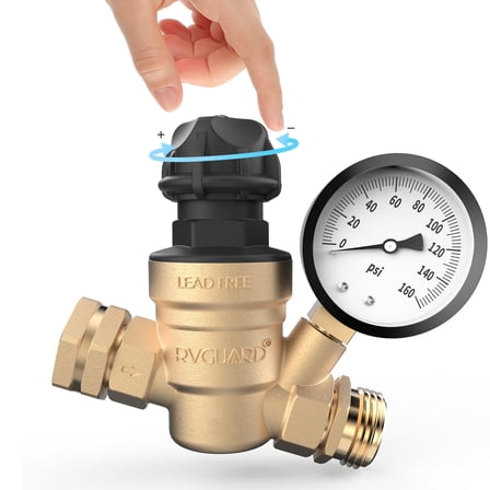 RVGUARD RV Water Pressure Regulator Valve With An Adjustable Knob, NO Tool Required, Brass Lead-Free Water Pressure Reducer with Gauge and Inlet Screen Filter for RV Camper Travel Trailer