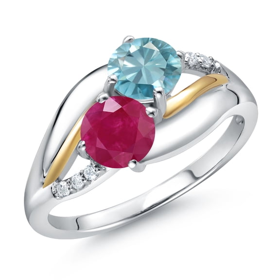 Gem Stone King 925 Sterling Silver and 10K Yellow Gold Red Ruby Blue Zircon and White Lab Grown Diamond 2 Stone Engagement Ring for Women (1.44 Cttw, Round 5MM, July Birthstone, Size 7)