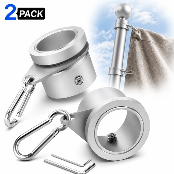 Deally Flag Pole Rings, 2 Pack Aluminum Alloy Flagpole Rings 360° Rotating Anti Wrap Mounting Ring, Spinning Clips with Carabiner for 0.75-1.02 Inch Diameter(Matte Silver)