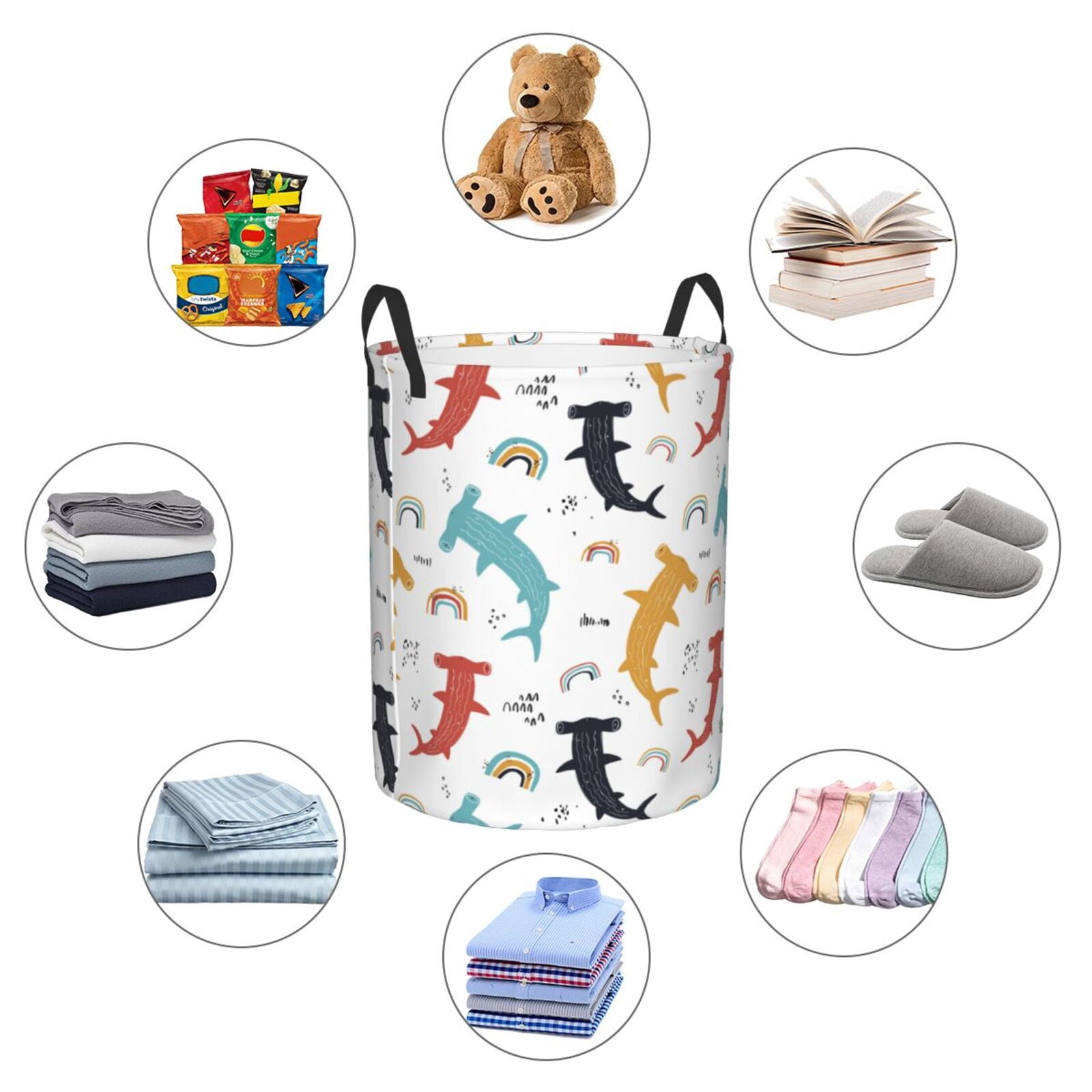 Large Laundry Basket with Handles - Colorful Rainbow Hammerhead Shark Kids Baby Dirty Clothes Laundry Hamper for Bedroom Aesthetic