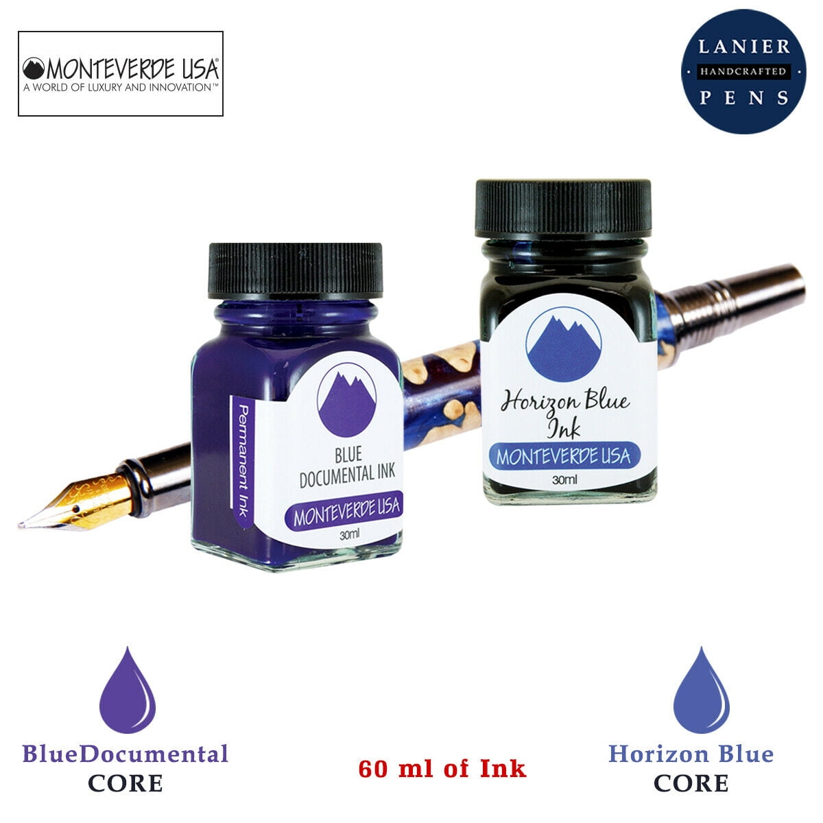 Monteverde 60ml Core Fountain Pen Ink Bottle (30ml Blue Documental Ink Bottle G309DU, 30ml Horizon Blue Ink Bottle G309HB)