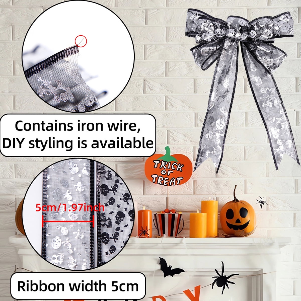 Halloween Ribbon Wired 5cm 4 Rolls 40m Wired Halloween Ribbon Pumpkin Spider Skull Ribbon Halloween Wired Ribbon for Tree Halloween Party Home Indoor Outdoor Decorations