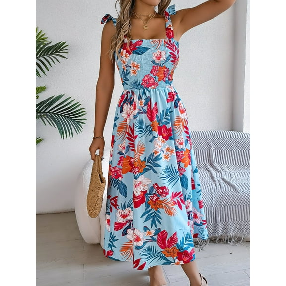 Tropical Print Smocked Maxi Dress (S, MultiBlue)