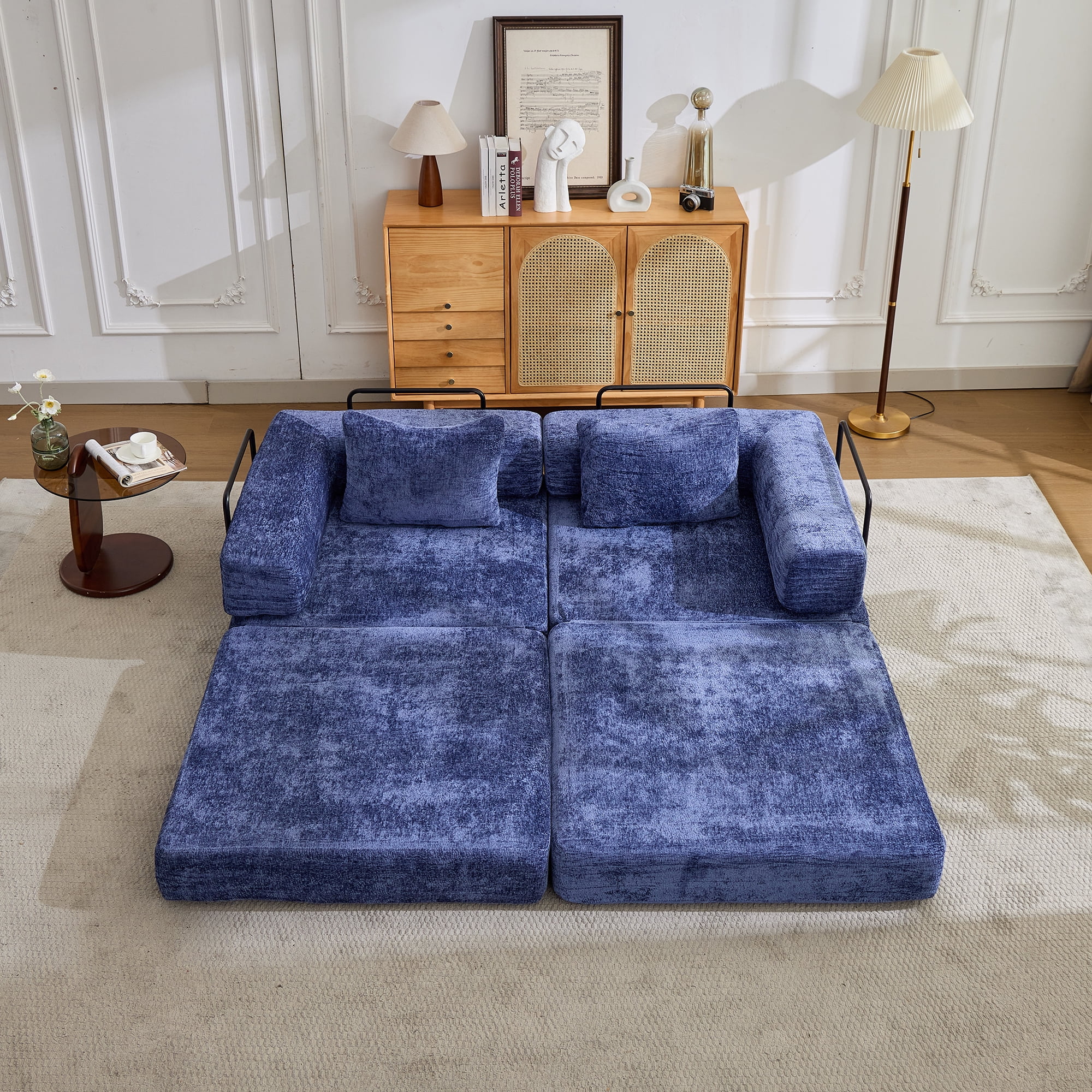 Miniyam Convertible Chenille Sofa Bed Couch, Modular Folding Floor Sleeper with Armrests, Space Saving Design for Living Room, Blue
