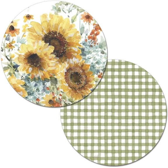 Wipe-Clean Reversible Round Shaped Placemats, Sunflowers Forever, Set of 2, Made in The USA