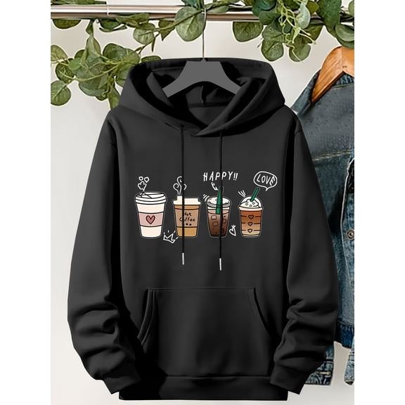 Plus Size Coffee Print Drawstring Hoodie, Cute Cozy Long Sleeve Sweatshirt For Spring & Fall, Women's Plus Size Clothing