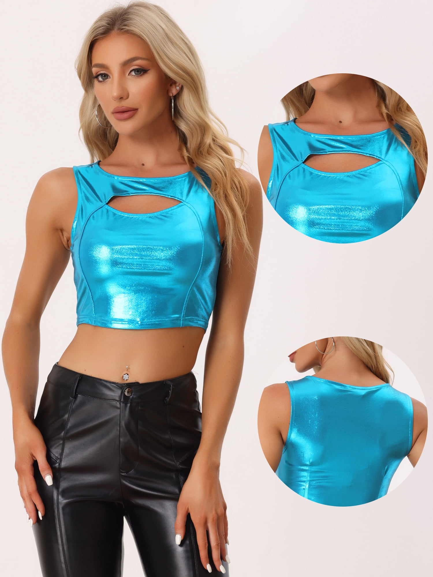 DARING DIVA Women's Shiny Metallic Crop Cut Out Party Tank Tops L Blue