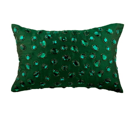 Decorative Green Lumbar pillow  12x24 inch (30x60 cm) Silk Lumbar pillow Throw Pillow Covers with Crystals & Peacock Abstract Pattern Throw Pillows Modern Style - Emerald Beauty