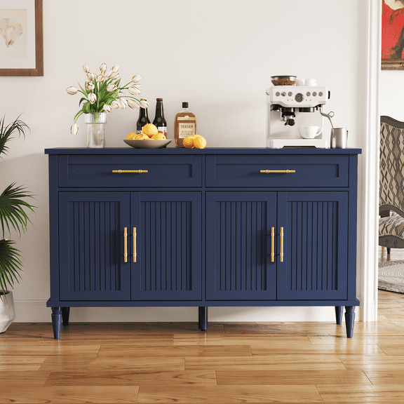 ZOSQUARE Modern 58" Sideboard Cabinet with 4 Slatted Doors and 2 Drawers, Blue Storage Cabinet with Gold Handles, Credenza Entryway Accent Table for Living Room