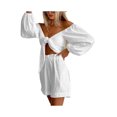 thumbnail image 4 of VISgogo Traje casual para mujer, blusas cortas de manga larga con hombros descubiertos de color sólido + pantalones cortos sueltos con volantes VISgogo  moda, 4 of 9