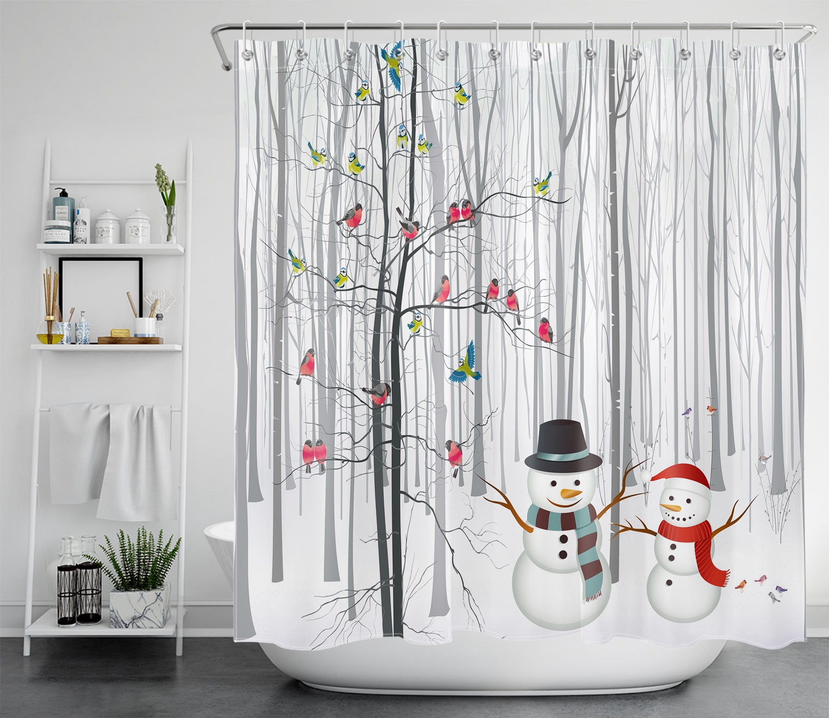 Winter Cute Snowman Snow Scene Cardinals Shower Curtain Set for Bathroom Decor 