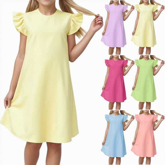 felwors Toddler Girls Dress Ruffle Sleeve Girl Solid Color Dresses Casual Outfits Summer Sleeveless Nightdress(Yellow,5-6 Years)