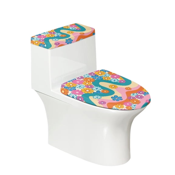 HELLHERO Daisy Pattern Bathroom Toilet Lid Cover for Soft Elastic Fabric Stretch Non-Slip Stretch Fit Universal Elastic Installation Stylish