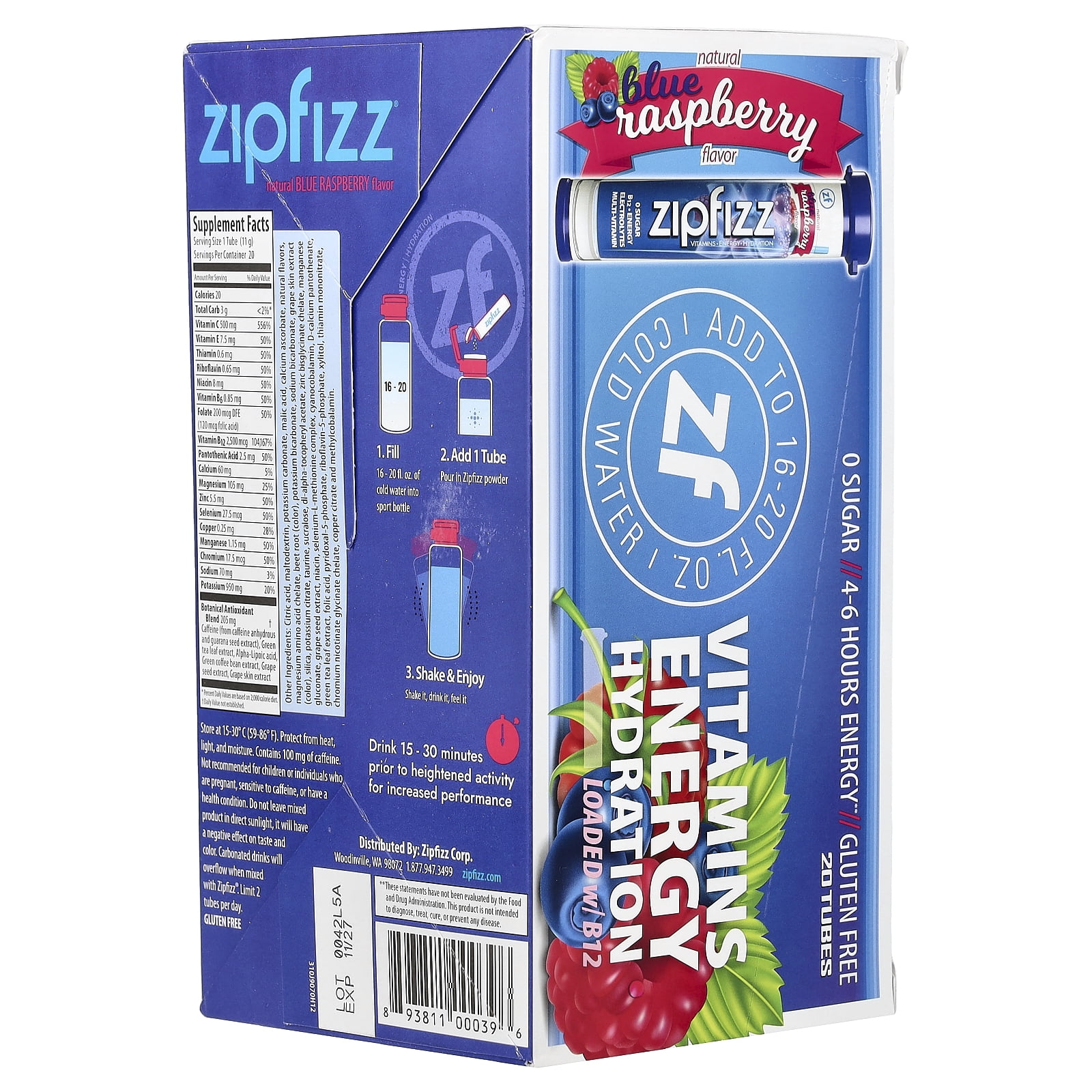 苺　0520-1 Zipfizz, Healthy Energy Drink Mix, Blueberry Raspberry, 20 Count