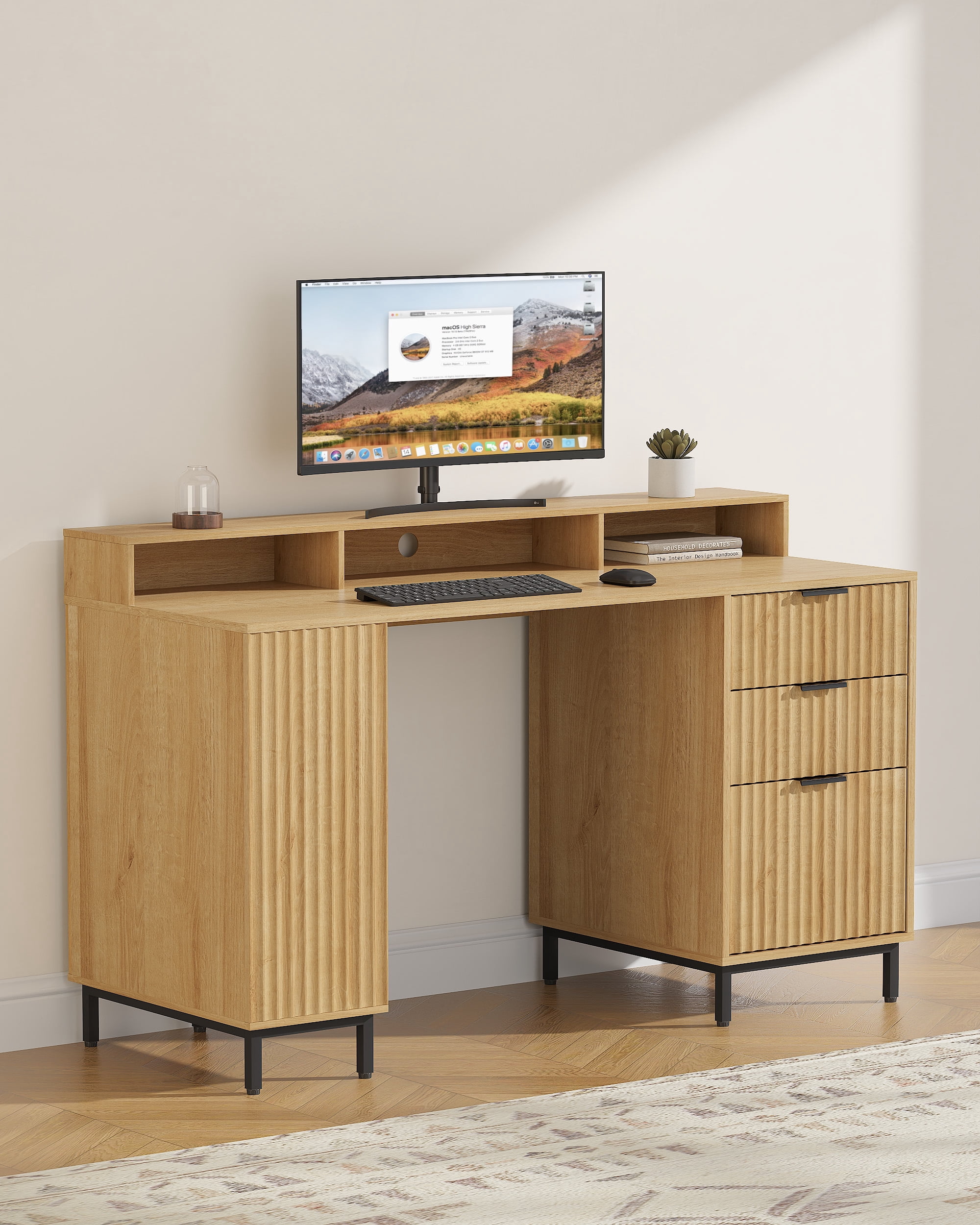 Joyyskill 55'' Fluted Executive Desk with Drawers, Modern Home Office Computer Desk with Charging Station, File Drawer, Monitor Stand, Storage Shelf for Work Writing Study, Natural Oak
