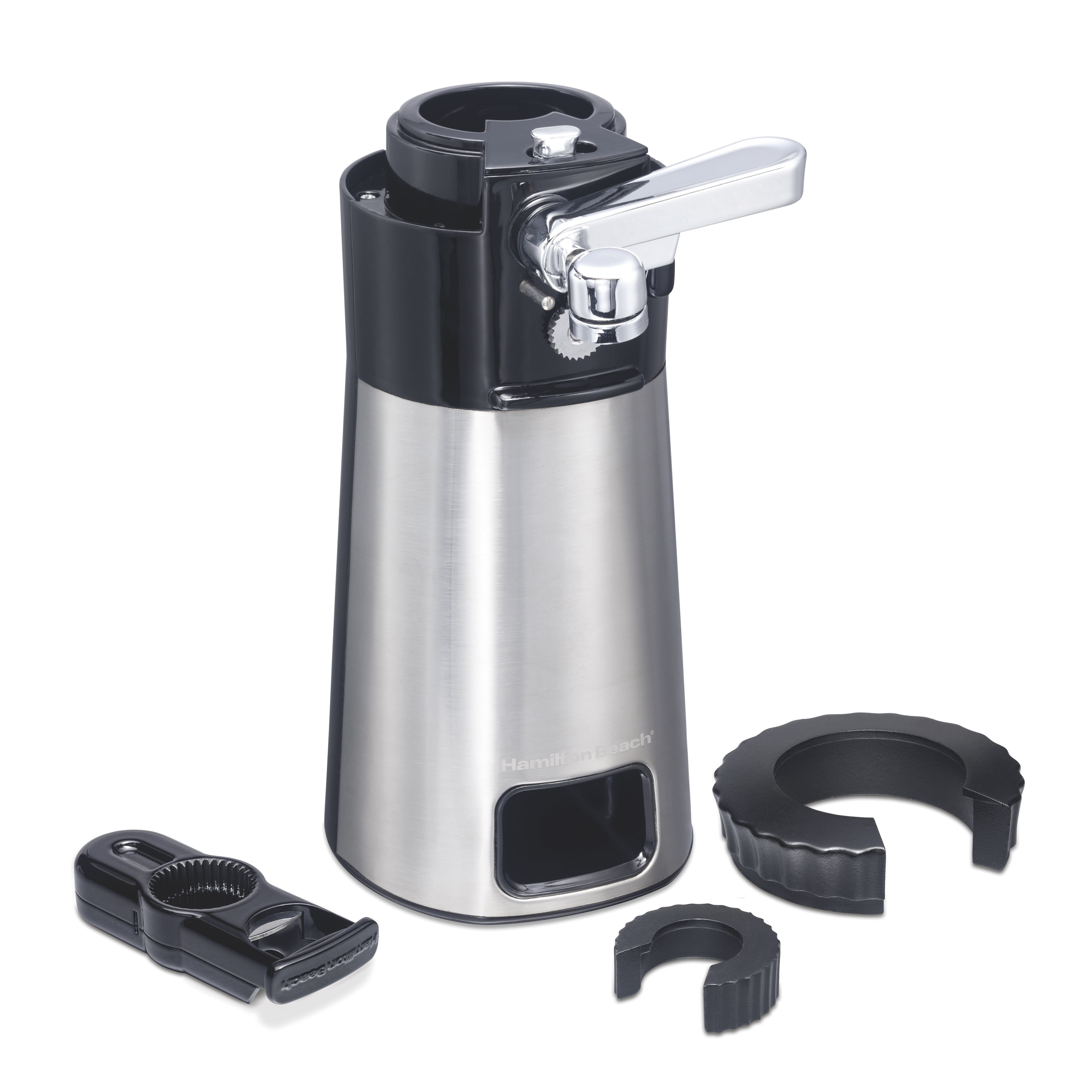 Hamilton Beach Open Station Can Opener with Tools, Automatic Can Opener, Includes Multi-Tool and 2 Jar Openers, Black and Stainless Steel, 76382