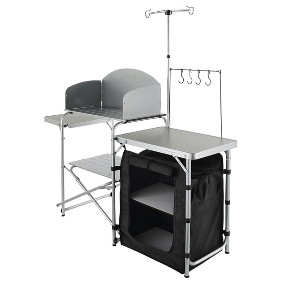 KFFKFF Portable Camp Kitchen, Collapsible Outdoor Chef Station with Storage Bag, Metal Prep Area, Single Cabinet & Removable Wind Guard, Easy Assembly for Camping, Barbecues, RV Trips, Black