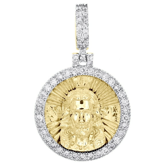 10K Yellow Gold Diamond Jesus Head Textured Medallion Pendant 1.30" Charm 3/4 CT