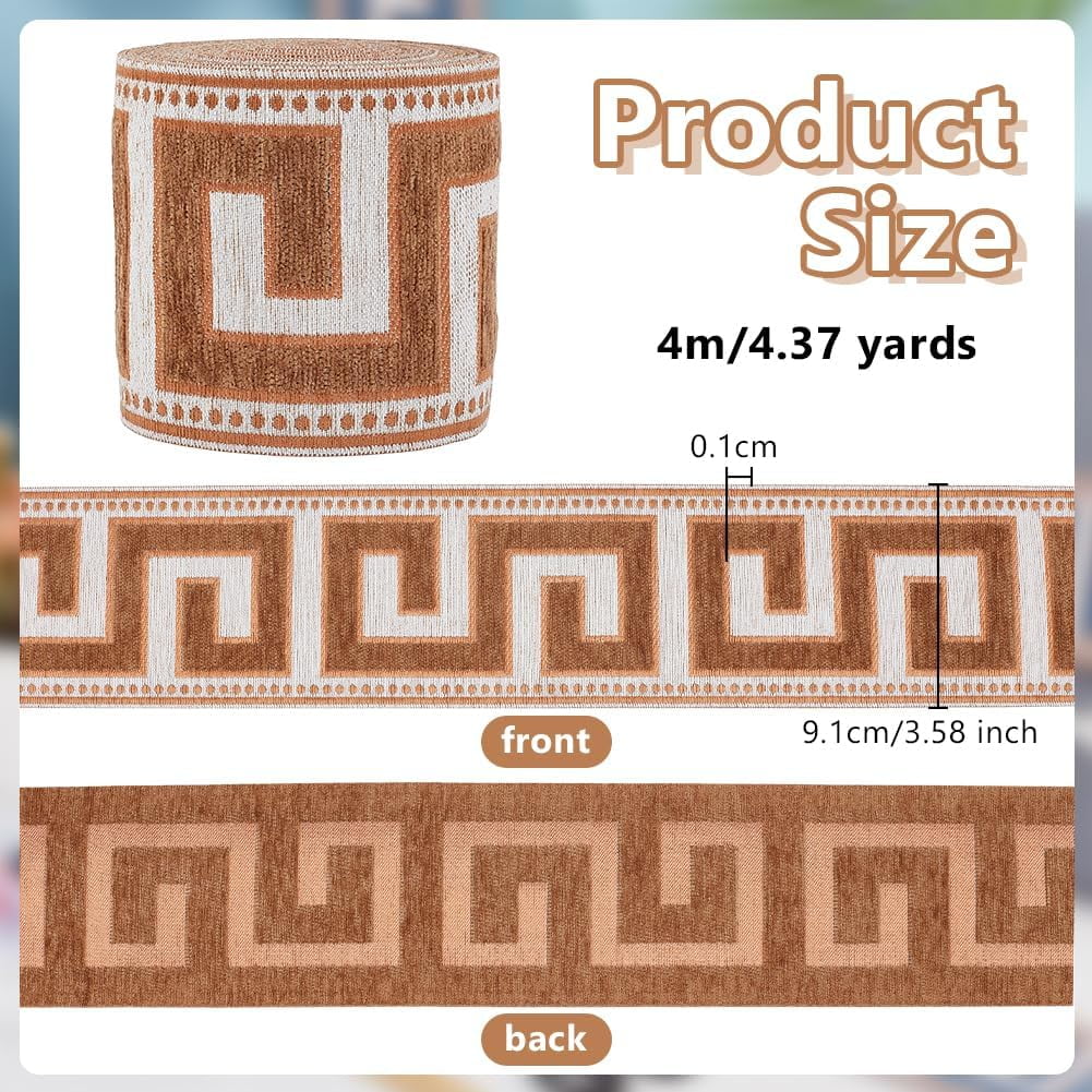 4.37 Yard Embroidered Drapery Trim 3-5/8 Inch Wide Polyester Jacquard Grid Ribbon Blue Geometric Jacquard Ribbons Great Wall Grid Curtain Trim