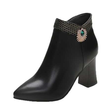 

Black Boots for Women Ladies Fashion Leather British Style Rhinestone Side Zipper Chunky High Heel Short Boots Ankle Boots for Women PU Black
