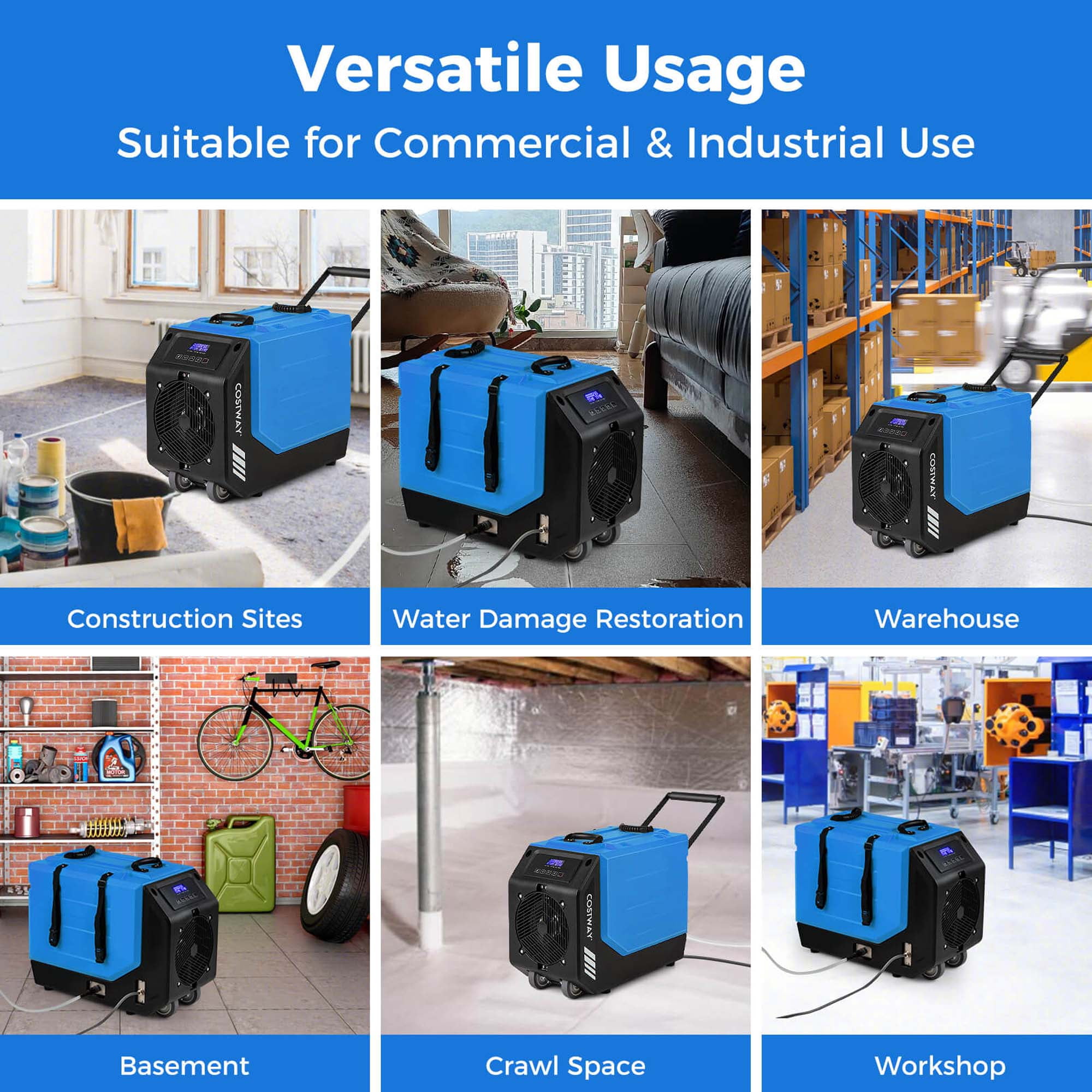 Costway 50-Pint(DOE) Commercial Dehumidifier Rotational Molded Industrial Dehumidifier with Pump Blue 9,000 Sq.ft Coverage Area (MAX 190Pint at 95°F, 90%RH)