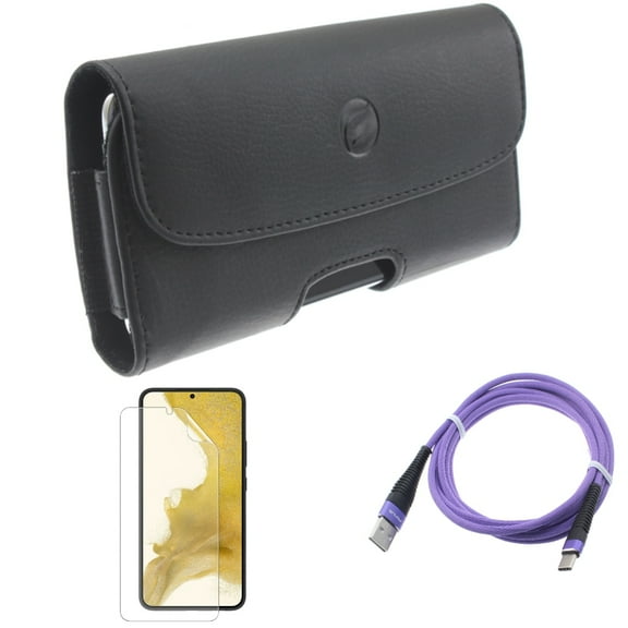 Matte Screen Protector & Case Belt Clip & 6ft USB Cable for Samsung Galaxy S22 (6.1") - TPU Film Anti-Glare & Leather Holster & Purple Type-C Accessory Bundle